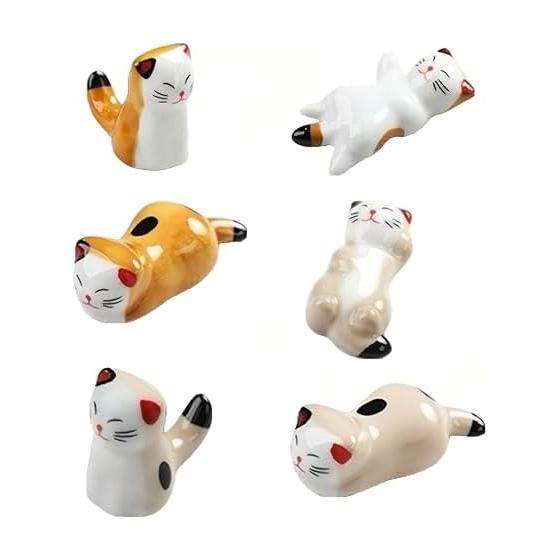 Ceramic Cat Chopstick Rest, Japanese Style Cute Lucky Cat Chopstick Holder, Multi-purpose Pen Holder, Tabletop Decoration, Perfect Gift (6 Cat