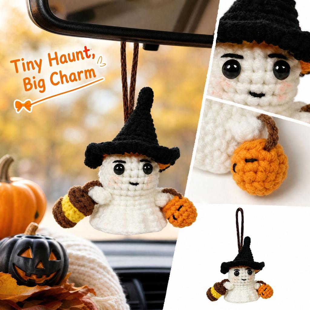 Crochet Hanging Ornament with Hat for Halloween Car and Bag Decoration