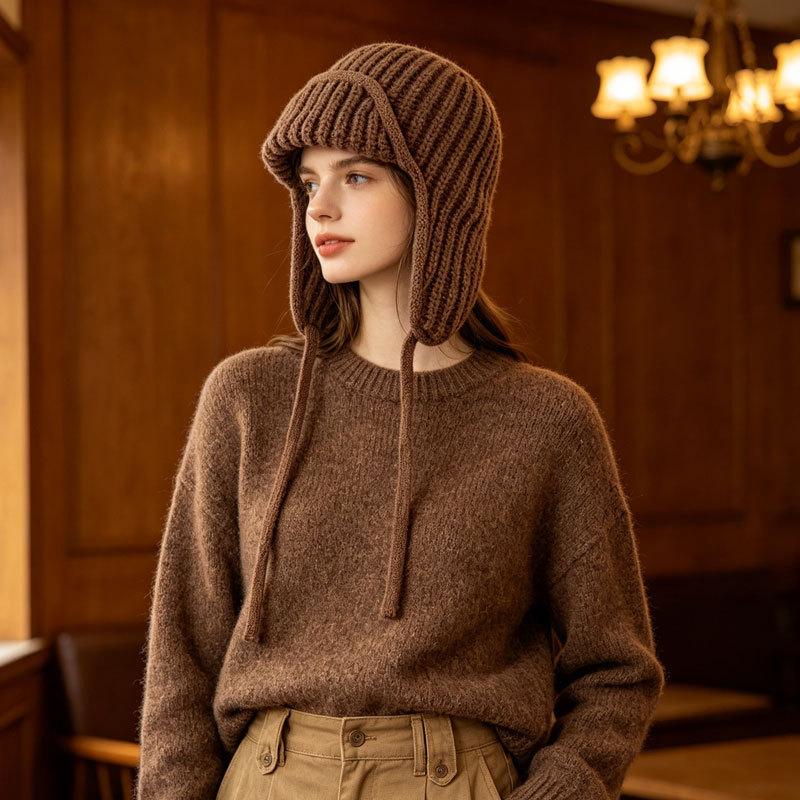 Neue Damen Herbst Winter Ohrklappen Strickwollmütze, Kordelzug Thermisch Warm Flieger Skimütze, Mode Vielseitig Outdoor Trooper Mütze