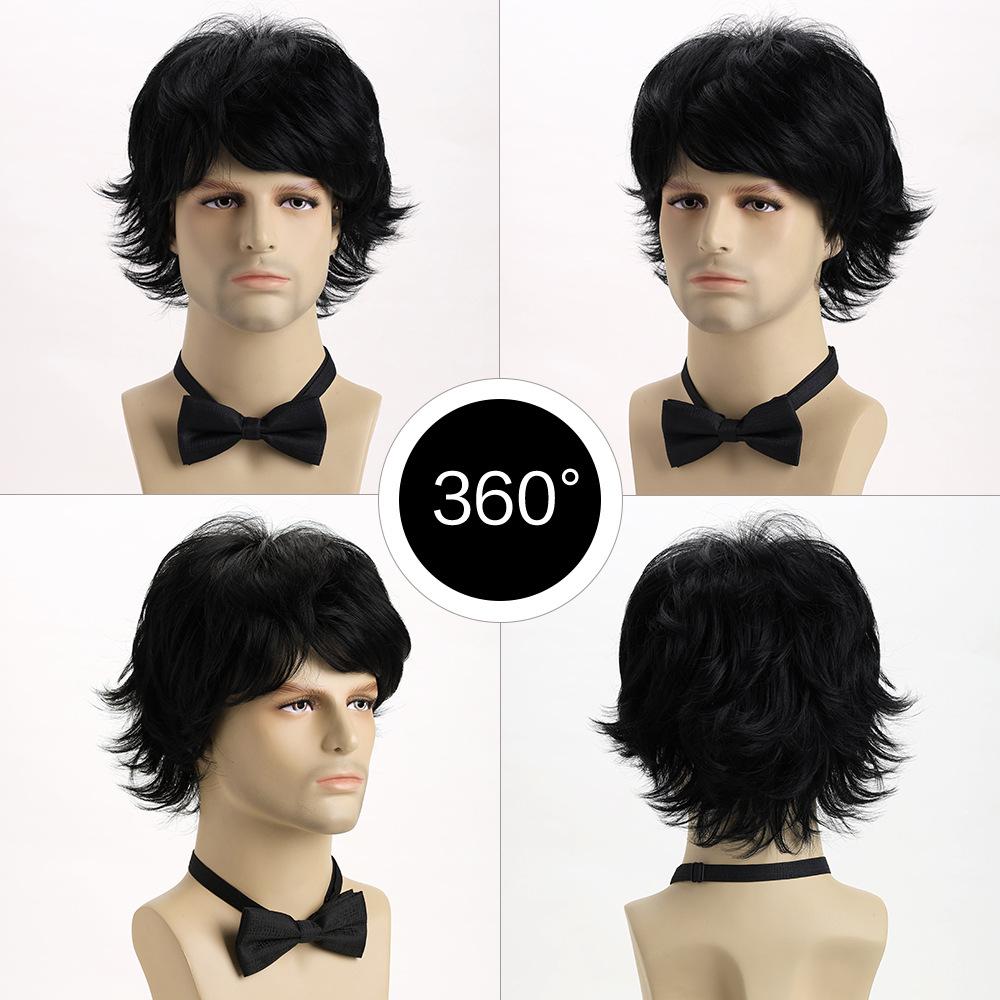 Men Short Layered Brown Hair with Bangs Synthetic Black Wigs for Male Daily Cosplay Party Heat Resistant Fibre
