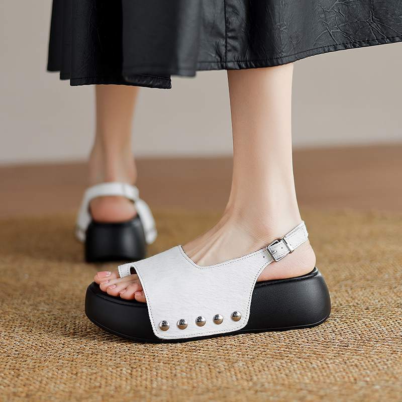 Krazing Pot Horsehair Natural Fur Summer Size 42 European Design Thick Bottom Flat Platform Women Superstar Peep Toe Sandals