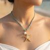 Fashion Stainless Steel Starfish Pendant Blue Woven Rope Chain Necklace for Women, 18K Gold Plated Waterproof Charm Jewelry Gift