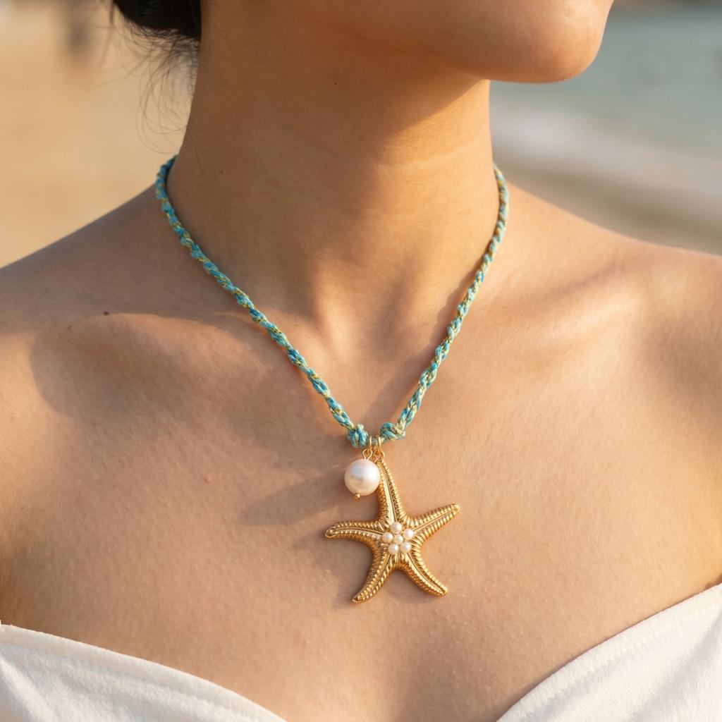 Fashion Stainless Steel Starfish Pendant Blue Woven Rope Chain Necklace for Women, 18K Gold Plated Waterproof Charm Jewelry Gift