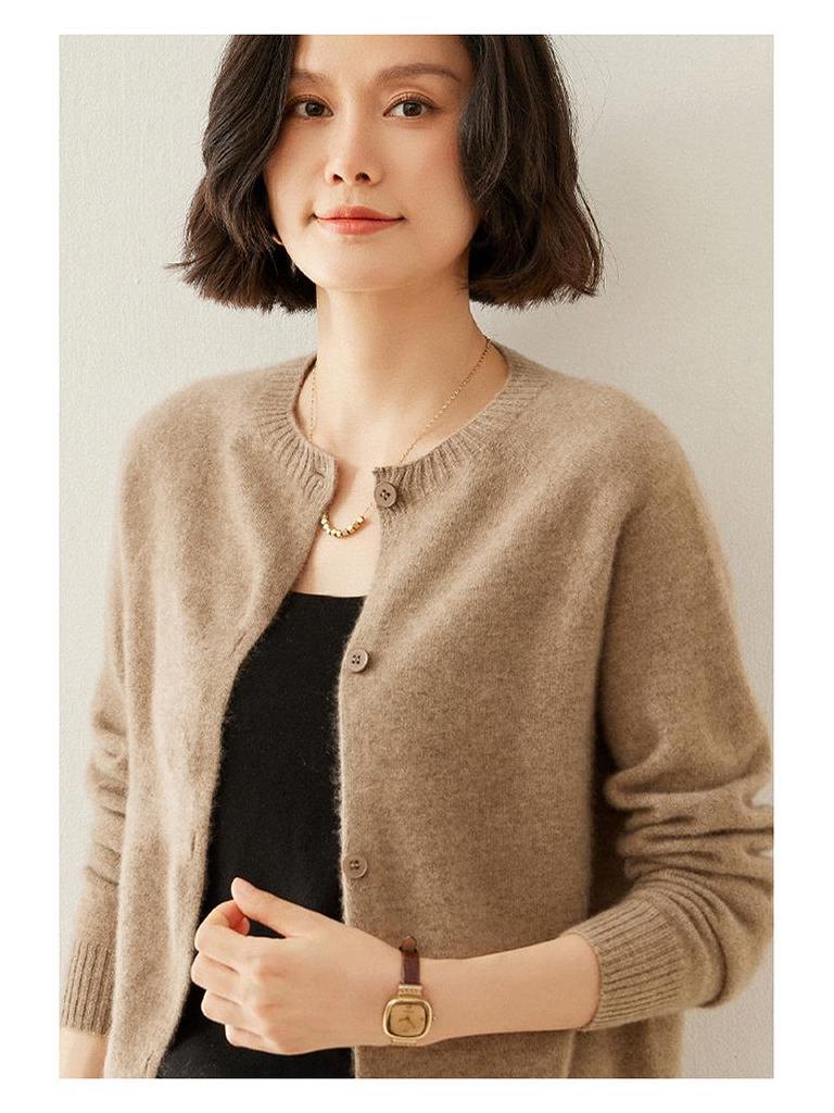 Women's Cashmere Round Neck Cardigan - Autumn/Winter Slim Fit Knitted Sweater, Solid Color, Versatile Outerwear