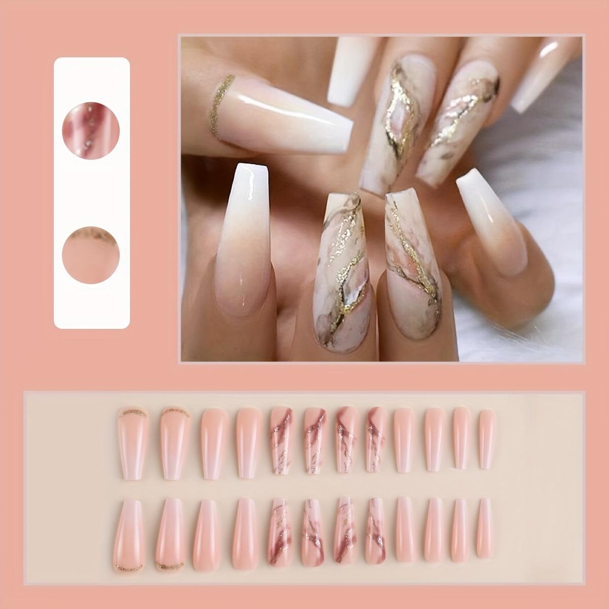 

24 шт., накладные ногти телесного розового цвета, длинные накладные ногти, акриловые градиентные накладные ногти, мраморные, с полным покрытием, накладные ногти для женщин и девочек Imported ABS