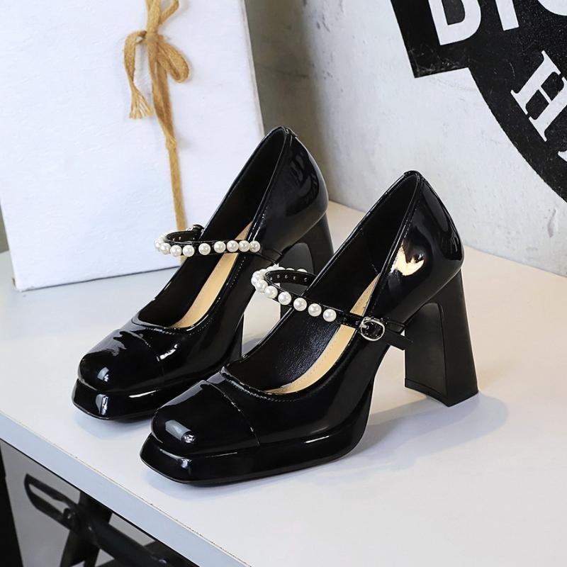 Banquet Mary Shoes Thick Heel Square Toe Color-Blocking Light Mouth Waterproof Platform Pearl One-Strip High Heel Single Shoes