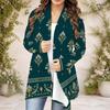 Women s Plus Size Dark Green Printed Draped Collar Long Sleeve Open Front Curved Hem Cardigan