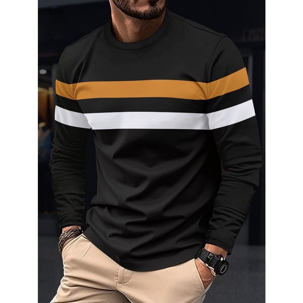 2024 Spring and Autumn Fashion Men's Long Sleeve Round Neck Splicing T-shirt Business Anti Wrinkle Street Wear Casual Top