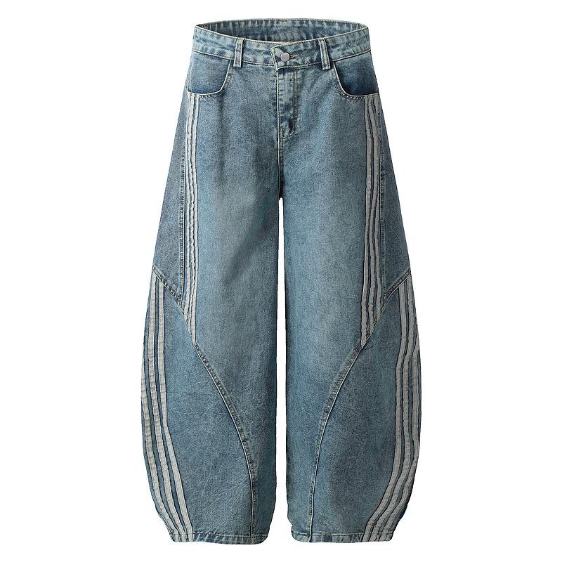 Qilin Home Unisex Wide-Leg Scimitar Jeans: American Side Stripe, Spring National Tide, Loose Fit Long Pants