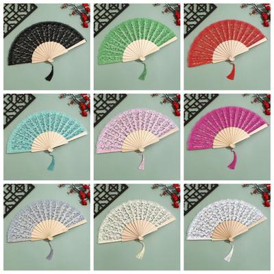 Portable Lace Pattern Chinese Fan Vintage Style Flower Design Folding Fan Tassel Pendent Hand Fan Summer