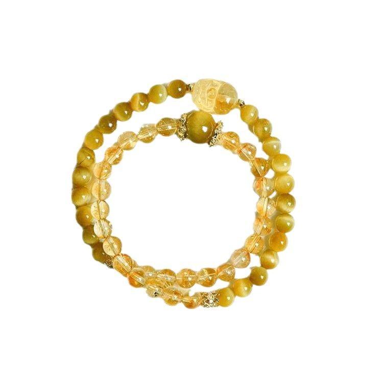 Natural yellow crystal Pixiu bracelet for women, niche high-end gold tiger eye bracelet, double-loop yellow crystal bracelet for women