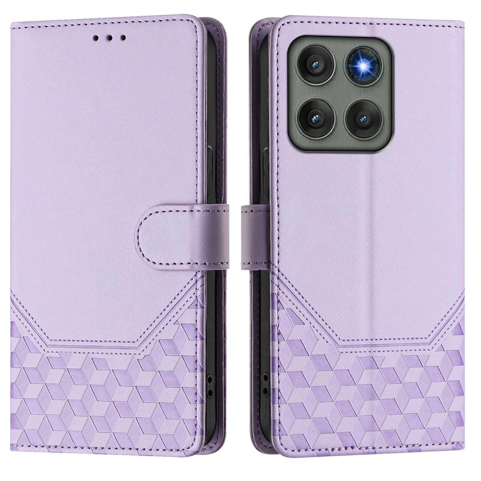 

For Motorola Edge 60 Pro 5G Case Imprinted Honeycomb RFID Blocking Leather Phone Cover with Strap Light Purple