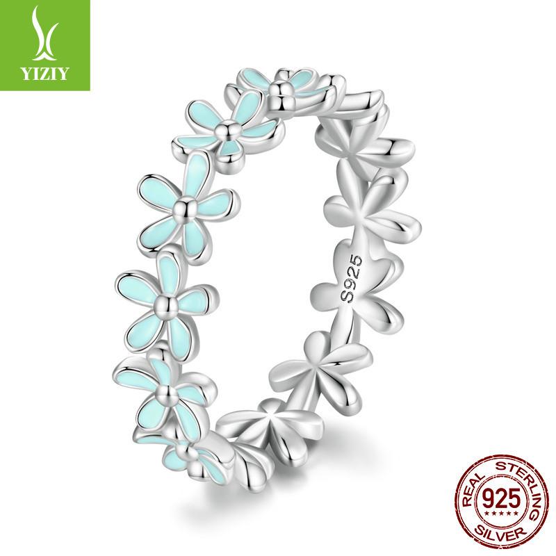 Spring Blue And Green Flower Ring, Light Luxury Small Fresh Flower 925 Sterling Silver Ring Jewelry.