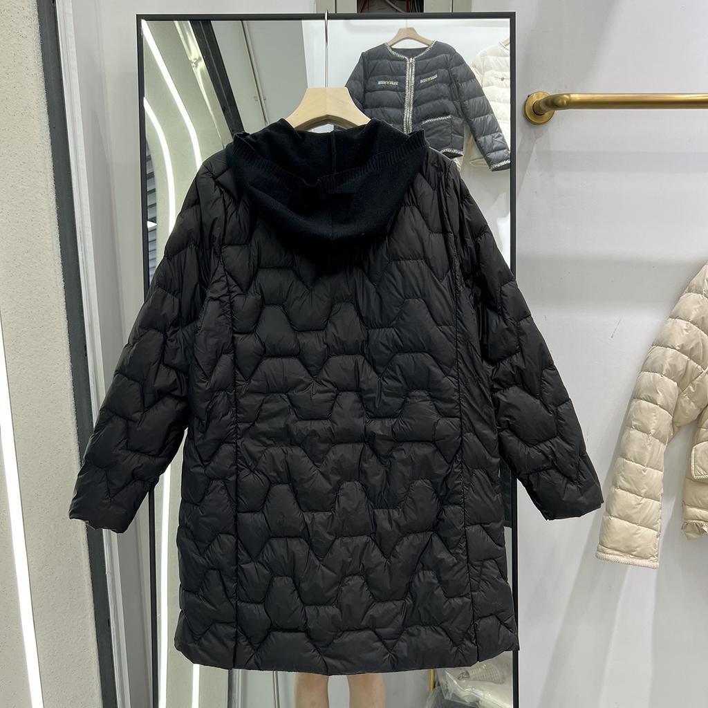Autumn and winter light and thin hooded down jacket women's medium and long knitted hat collar splicing with coat light jacket