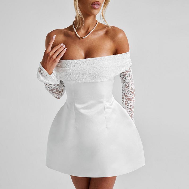 Giyu Sexy Mini Krátké Šaty Dámské Podzimní Krajka Patchwork Dlouhý rukáv Bez ramen Šaty bez zad Elegantní klubový společenský župan