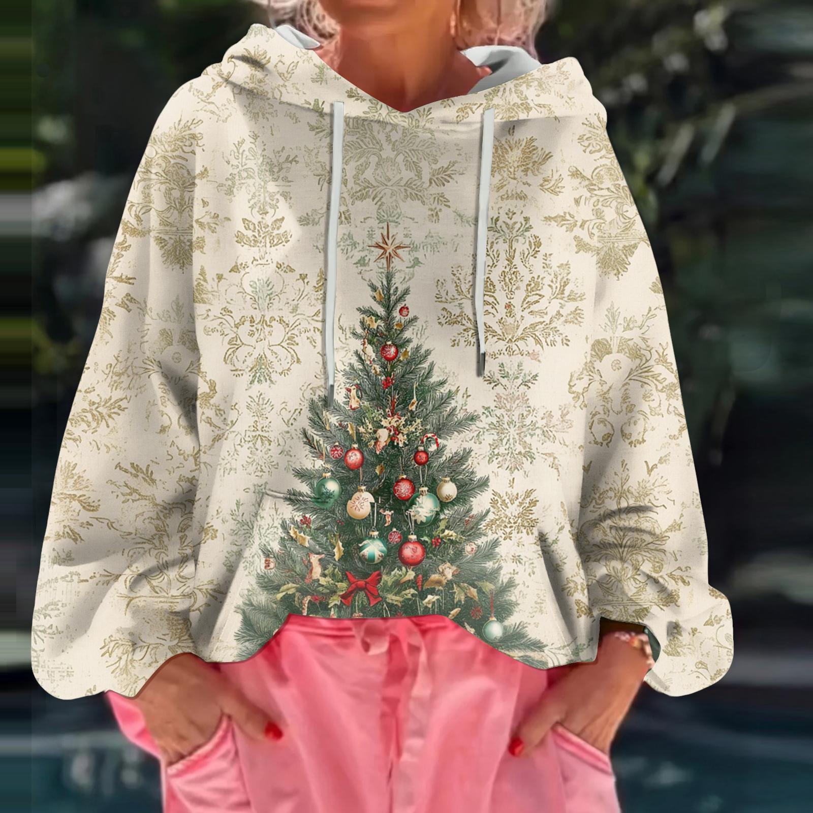 

Женский рождественский свитшот с капюшоном, свободного кроя, с длинными рукавами и принтом L бежевый