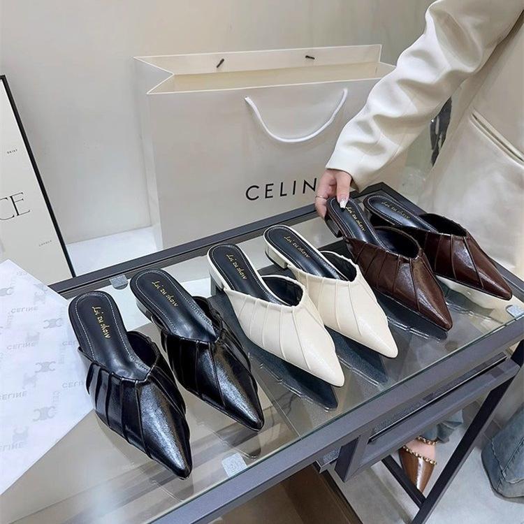 Baotou Outer Wear French Muller Shoes 2025 Summer New Flat Heel Pleated Flat Bottom Cool Slippers Pointed Half Slippers Women