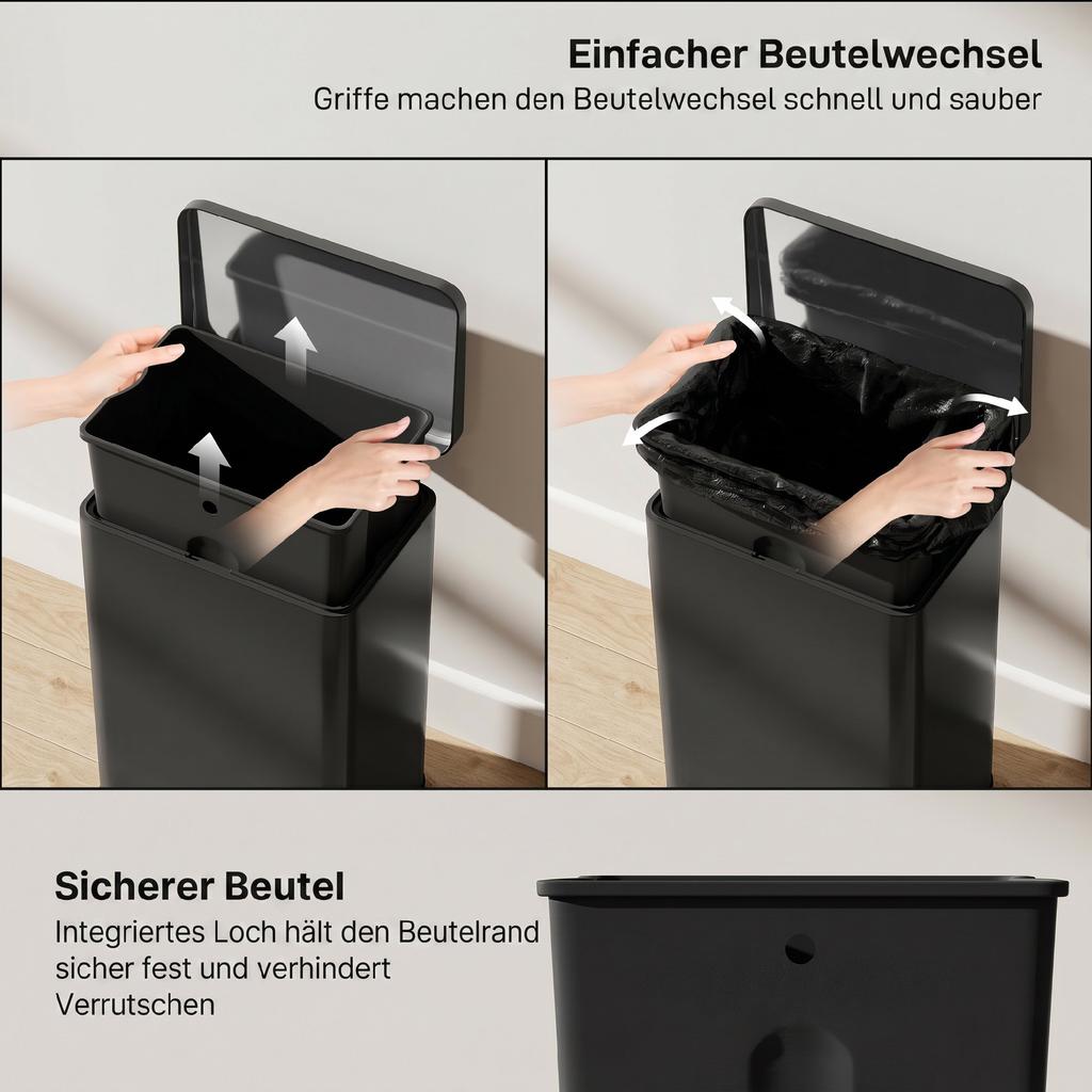 Trash Can 20 L Pedal Bin with Soft-Close Lid, Pedal, Removable Inner Bucket Matte Black, 34.2 x 30.6 x 44.2 cm