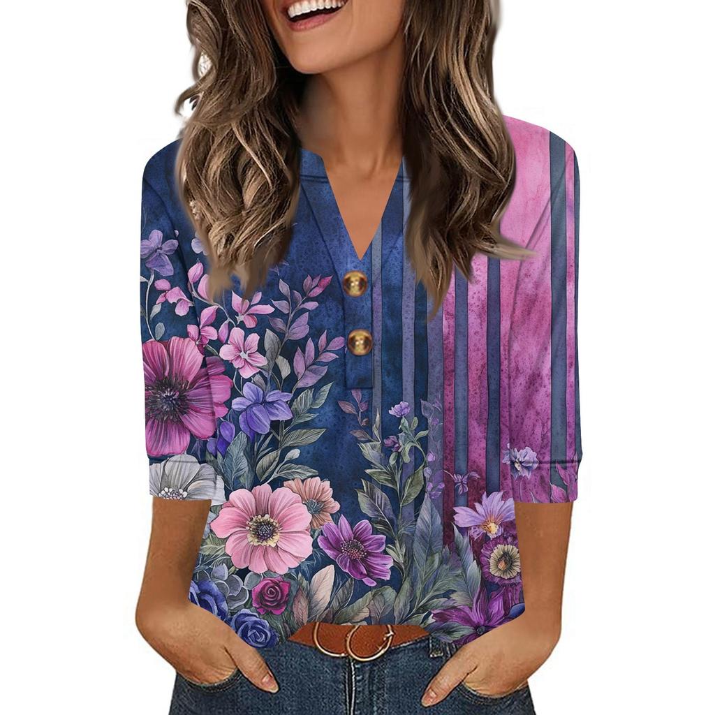 Ladies' Fashionable And Casual Floral Printed Three-quarter Sleeve Loose V-neck Button Shirt