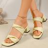 Square Heel Women's Slippers Soft Leather Pleated Square Toe Sandals Large Size Casual Slides High Heels Slippers 42