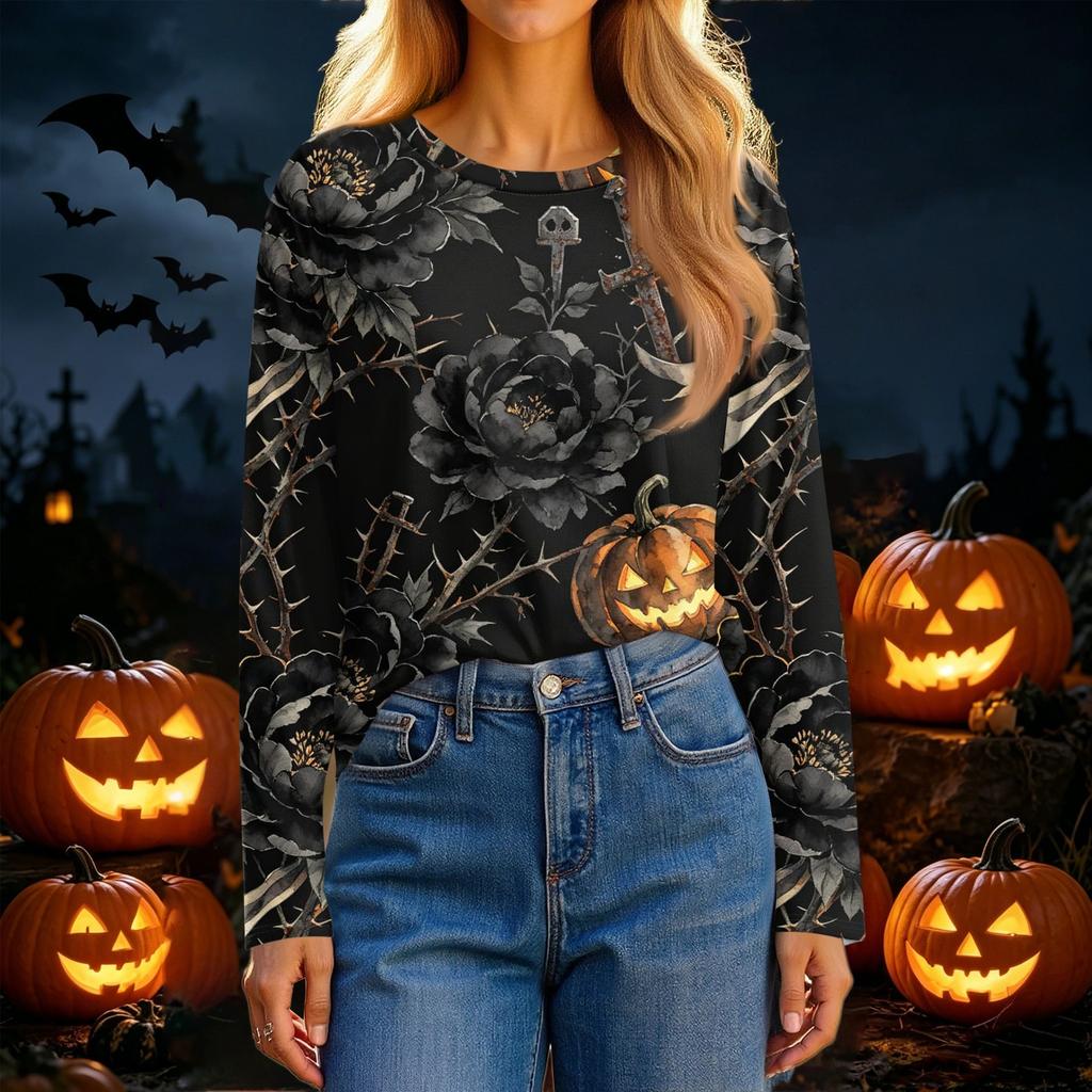 Women's Casual Long Sleeve Halloween Print Round Neck T-Shirt