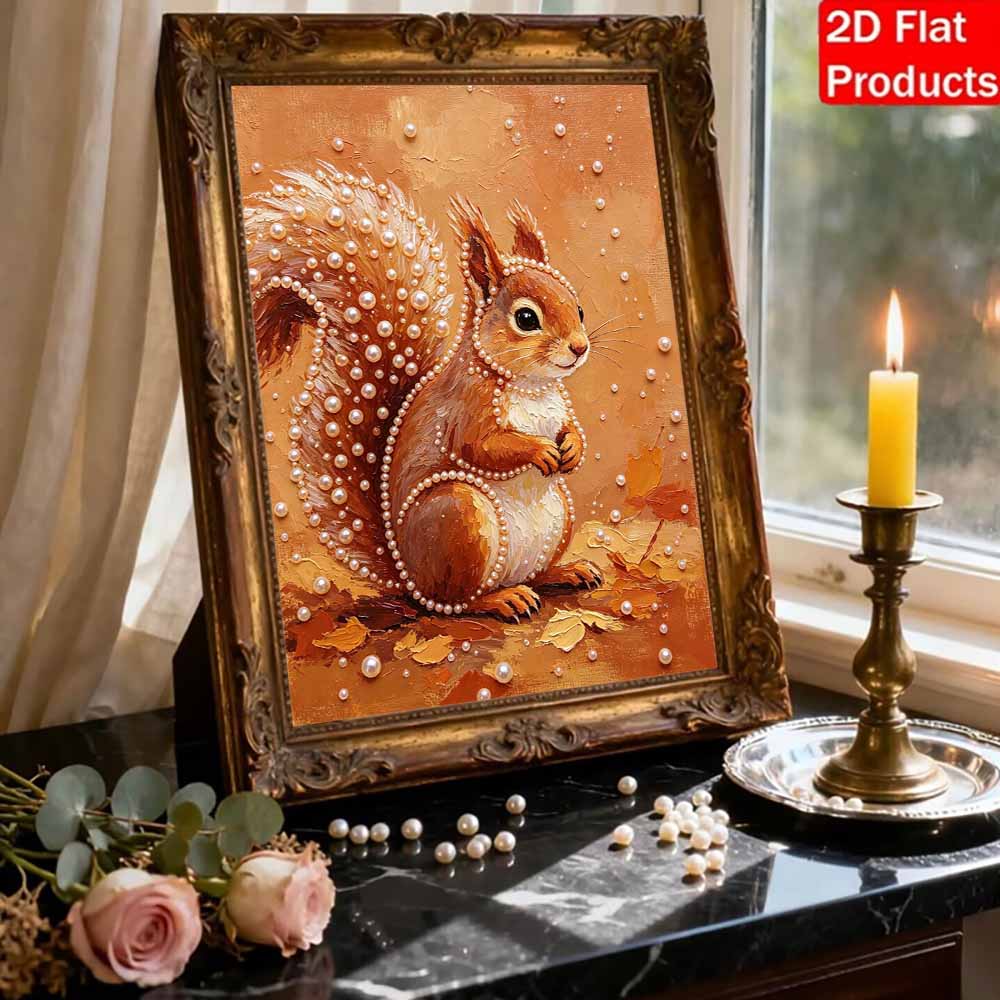 Cute Squirrel Autumn Leaf 5D Pearl Painting Kit with Frame DIY Sparkling Bead Canvas Art Relaxing Craft for Home Wall Room Decor