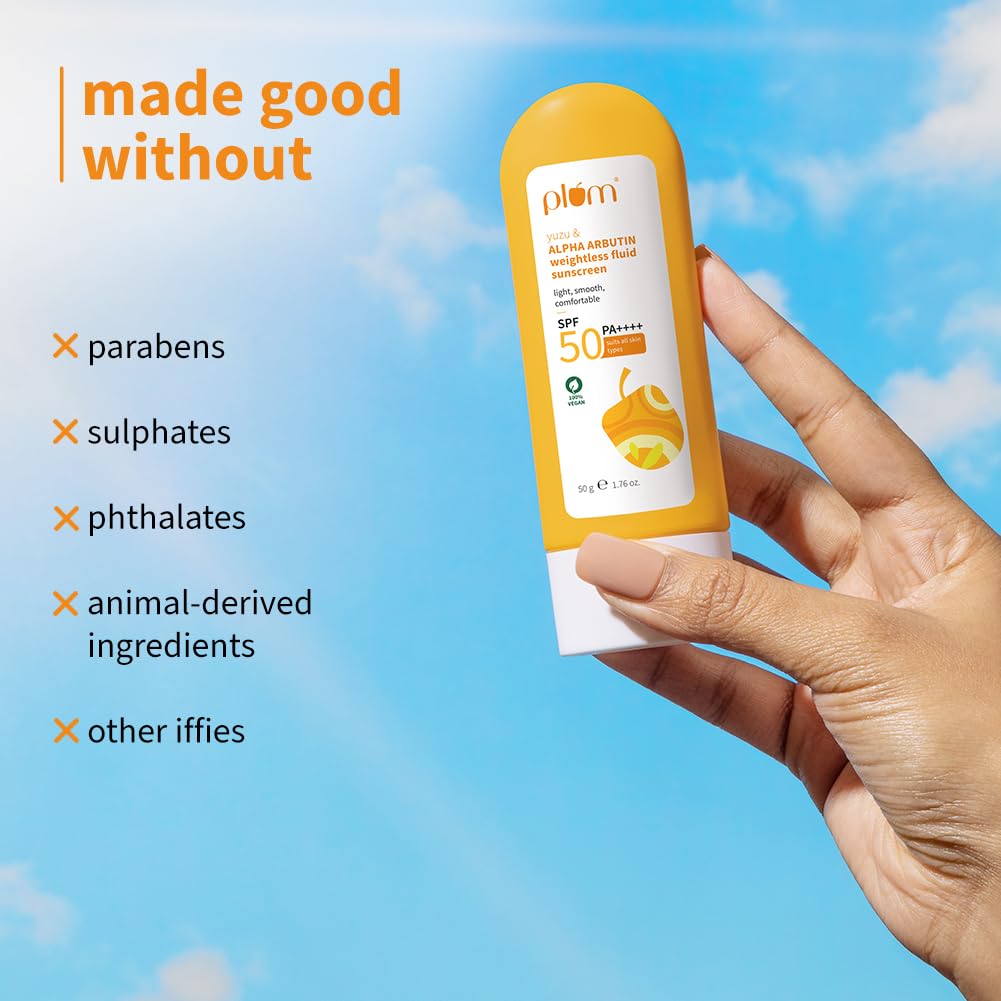 Plum Yuzu & Alpha Arbutin Fluid Sunscreen SPF 50 PA++++ 50g for All Skin Types Men & Women