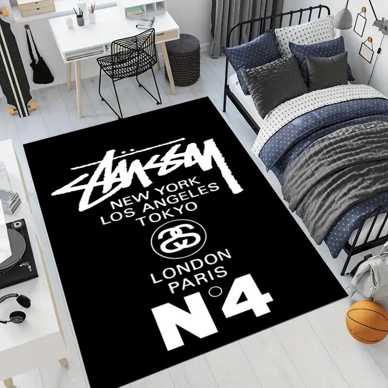 Black Base City Names No.4 Logo Area Rug Non Slip Mat, White Print Global City Street Art Carpet for Living Room Decor