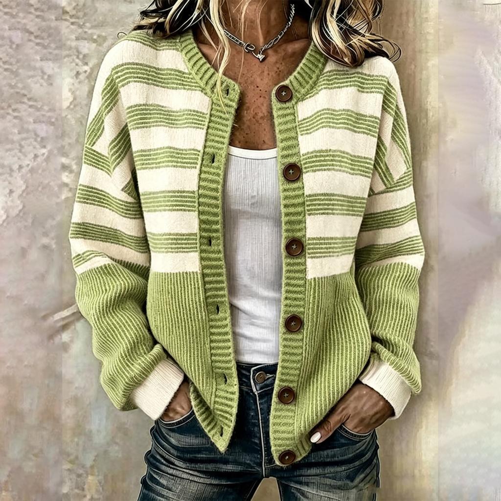 Women's Fashionable Striped Print Long Sleeve Knit Cardigan with Buttons