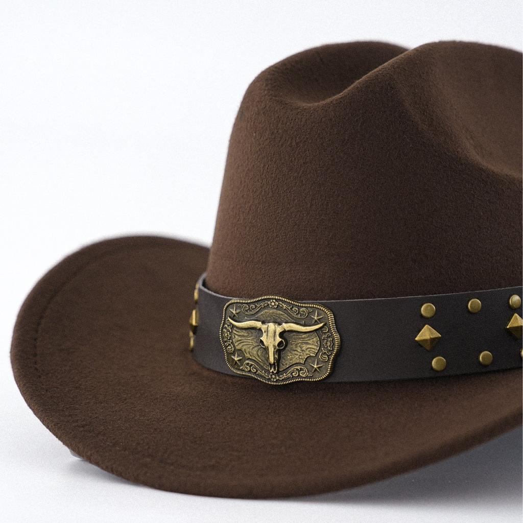Brown felt western cowboy hat retro bull head rivet locomotive tough guy outdoor trendy man personalized wide brim hat