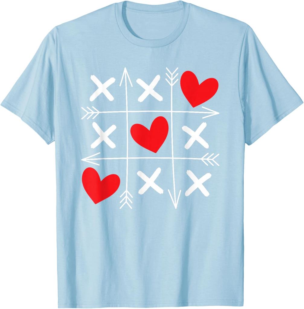 Tic Tac Toe Heart Arrows Valentine Day Graphic Tee Soft Cotton Casual T-Shirt for Men and Women