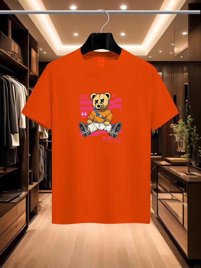 2025 Summer Men's Luxurious and Fashionable Cartoon Bear Brand Printed T-shirt, Pure Cotton Round Neck, Casual and Trendy Y2K