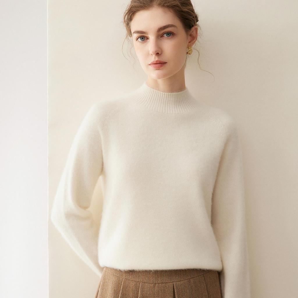 Women's Winter Pure Cashmere Sweater - Half-High Collar Loose Fit Pullover, Gentle Style, Slimming and Thick