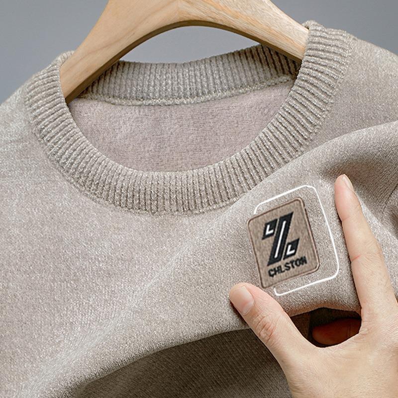 Men's Plus Velvet Thickened Round Neck Chenille Sweater - Solid Color, Loose Fit, Warm Knit Pullover