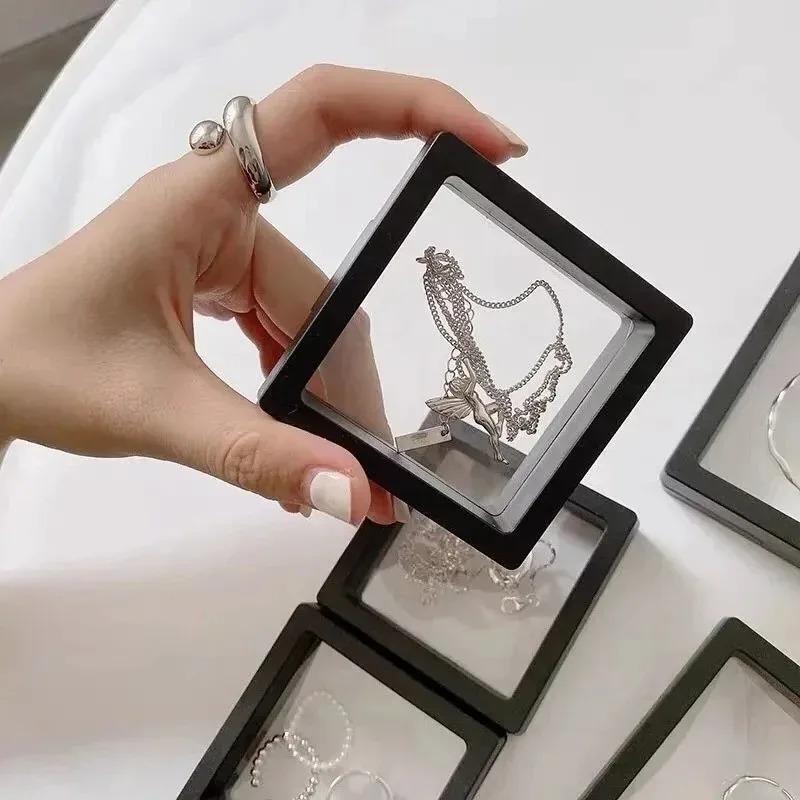 3D Floating Square Jewelry Storage Box Reusable Transparent PE Film Display Boxes Portable Bracelets Necklace Earring Decor Box