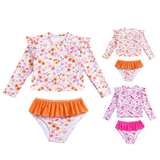 Jenter Solbeskyttende Badedraktsett Todelt Rash Guard Langermet Badebukse Tankini med Bikinibunn Blomstertrykk Barn Strandklær