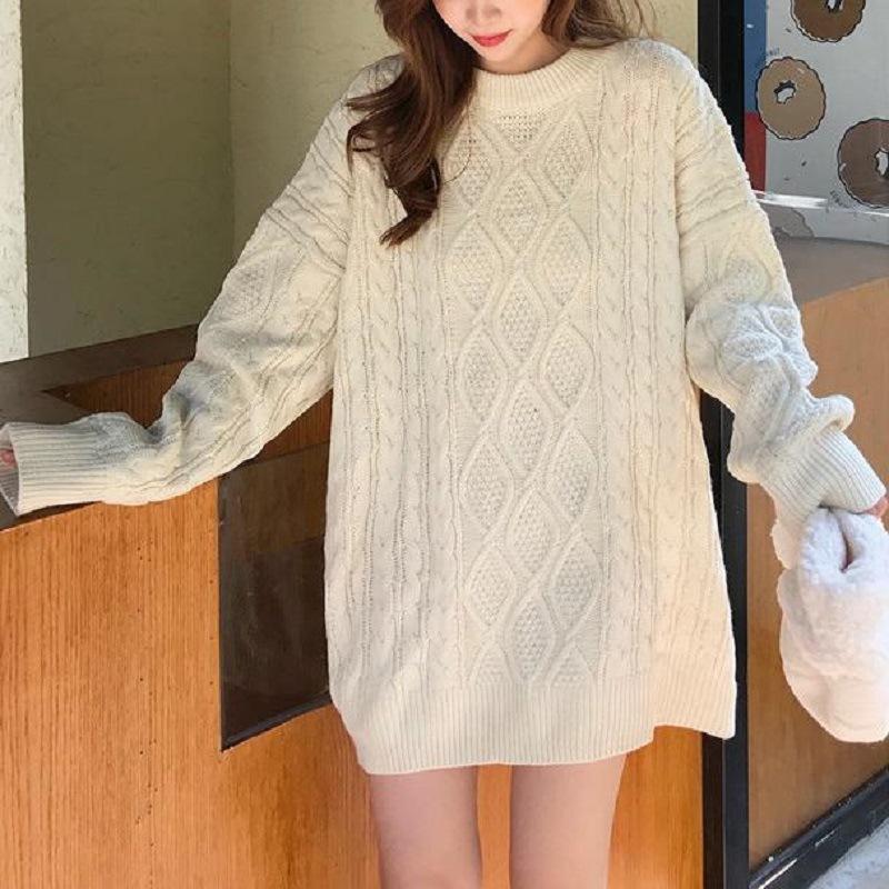 Wear a twist pink sweater for women's lazy style autumn and winter new soft waxy loose crew neck sweater for women's high sense