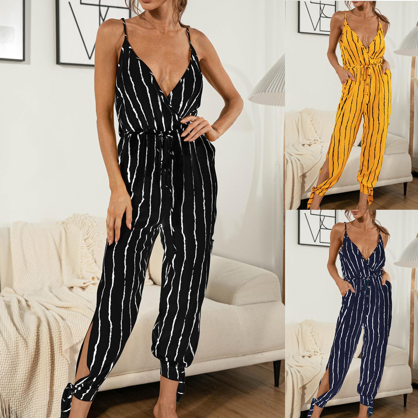 

Женский модный сексуальный полосатый принт с перекрестным v-образным вырезом, регулируемой пряжкой, эластичной резинкой на талии и карманами на шнуровке, комбинезон-брюки
