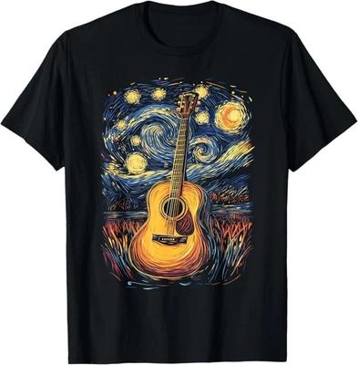 Maglietta Chitarra Acustica Stile Pittura Notte Stellata Cielo Colorato Artista Musicale Tee