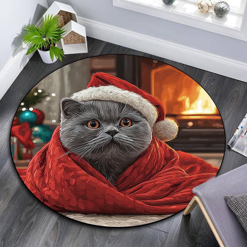 

Cat Santa Hat Round Area Rug,Carpet Rug for Living Room Bedroom Sofa Playroom Decor,Non-slip Floor Mat 80cmx80cm