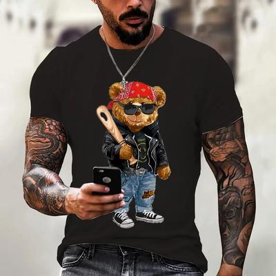Cotone Serie Orsetto Cartone Animato Motivo T-shirt da Uomo Interessante Sottogiacca Stampata Casual Moda Abbigliamento da Uomo T-shirt di Cotone da Donna