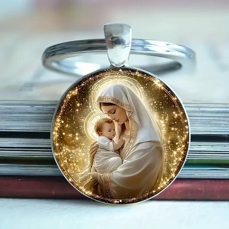 Breloc rotund din aluminiu cu Fecioara Maria binecuvântată, cadou pentru colecționarii de bijuterii religioase