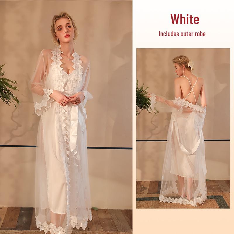 Elegant Satin Lace Nightgown & Mesh Robe Set with Cross Back
