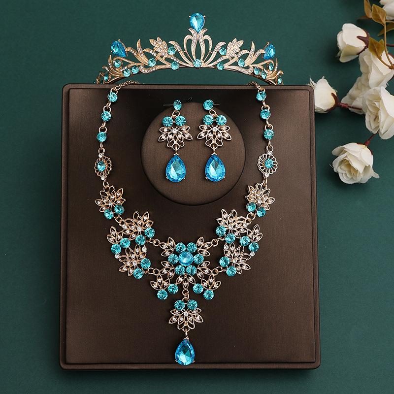 DIEZI Korean Sky Blue Crystal Crown Women Girls Headwear Luxury Bridal Bride Tiaras Necklace Earrings Wedding Party Jewelry Sets