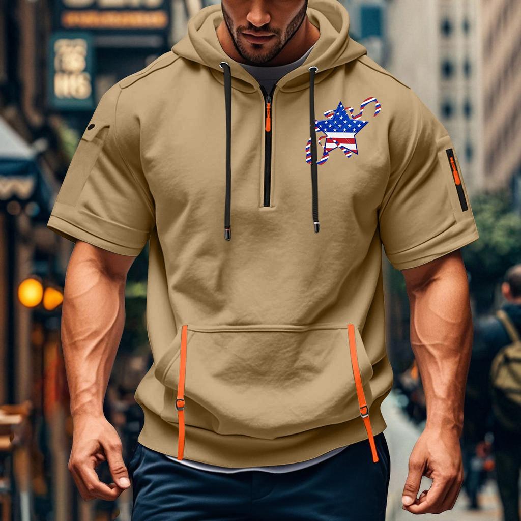 Men's Summer Shirt Print Zipper Pocket Short Sleeve Hooded Sweatshirt Men's Sports Large Size Casual Sweatshirt