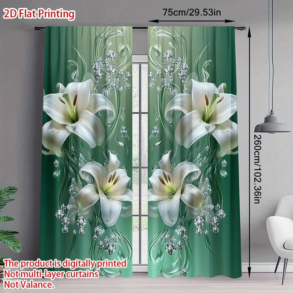 2Pcs Everyday Elegant Jade Lily Print Curtains With Rod Pocket – For Bedroom, Kitchen, Office & Living Room