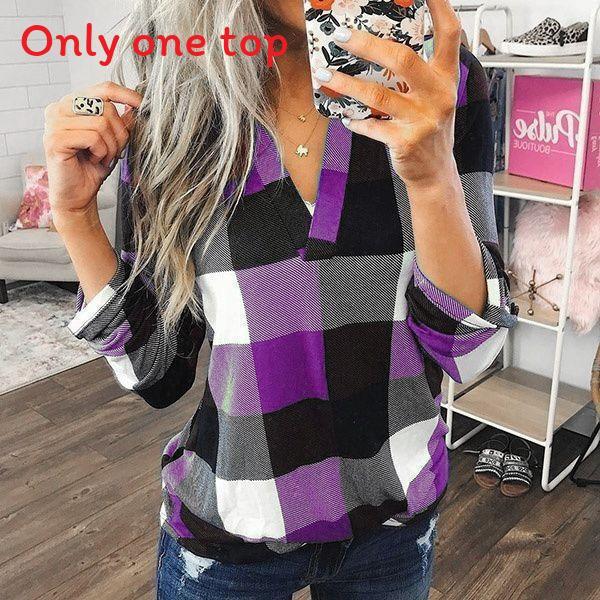 Casual Cotton Blend Plaid Shirt With Printed Vneck For Womens Office Wear