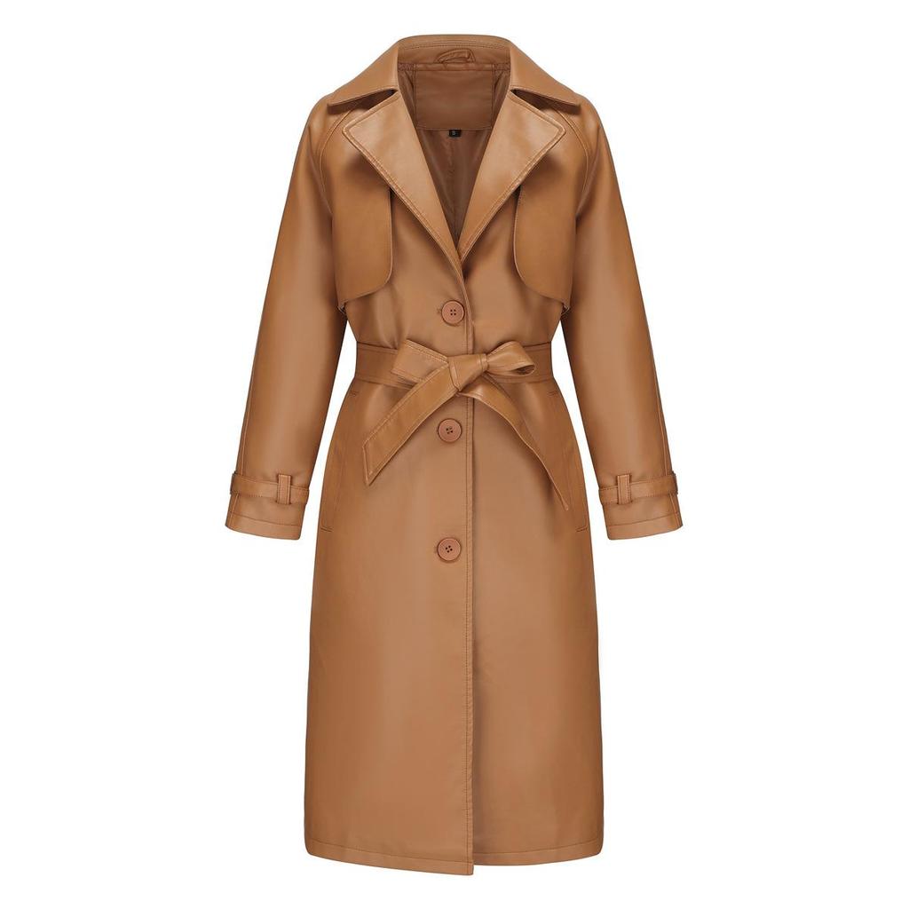 Trench da donna Giacca lunga ampia Giacca in pelle Cappotto classico con revers da donna