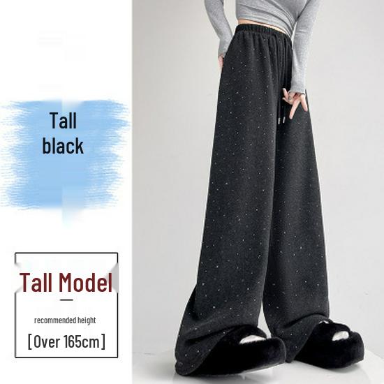 

Rhinestone Fleece-Lined Wide-Leg Pants: Autumn/Winter Floor-Length Casual Trousers for Women Large