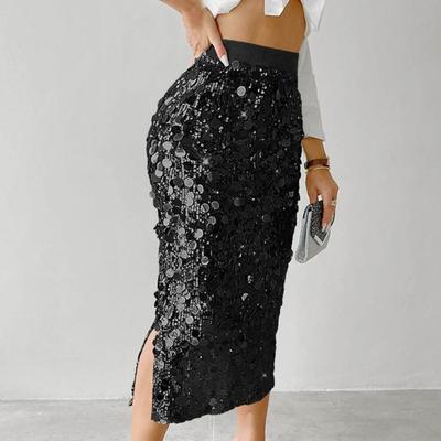 Jupe Femme Paillettes Pailletées Jupe Couleur Unie Taille Haute Sexy Moulante Longueur Mi-mollet Design Jupe Hanches